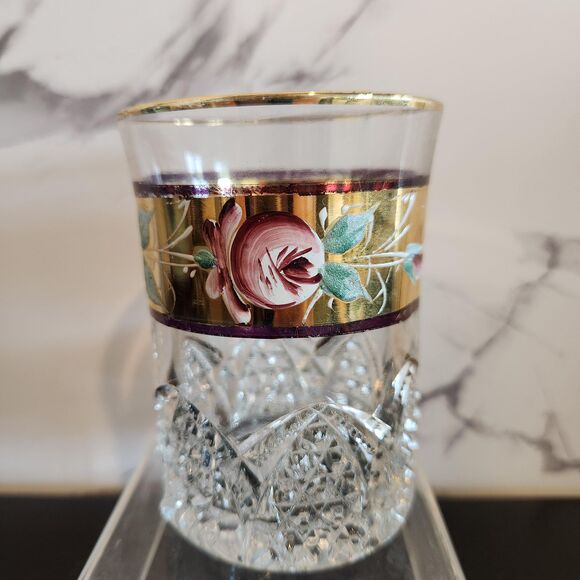 EAPG Antique Roses Tumbler Drinking Glass Button & Arches Hand Painted Gold 1914 - Picture 1 of 7